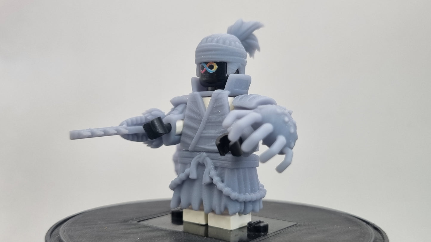 Building toy custom 3D printed soul fighter with red hair and extra arm!