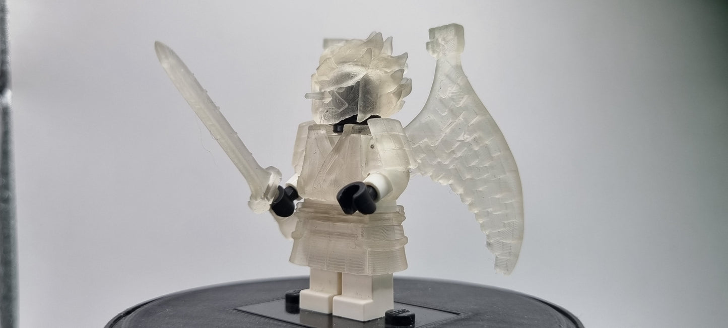 Building toy custom 3D printed ninja translucent armor with single sword