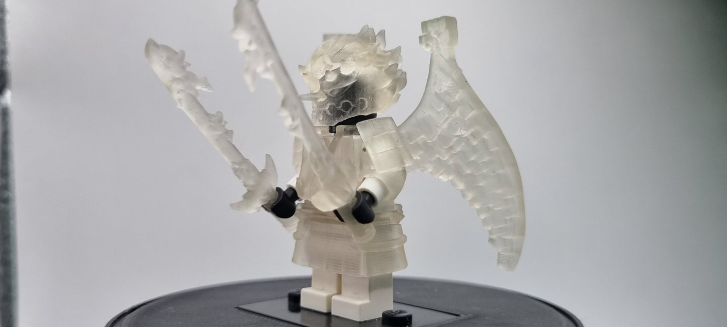 Building toy custom 3D printed ninja translucent armor with 2 swords
