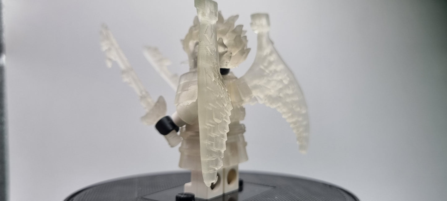 Building toy custom 3D printed ninja translucent armor with 2 swords
