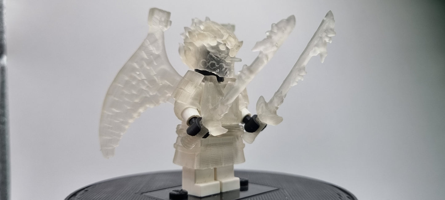 Building toy custom 3D printed ninja translucent armor with 2 swords