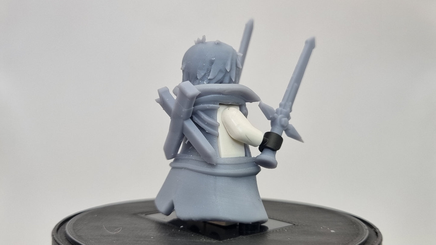 Building toy kid with 2 swords and a coat!