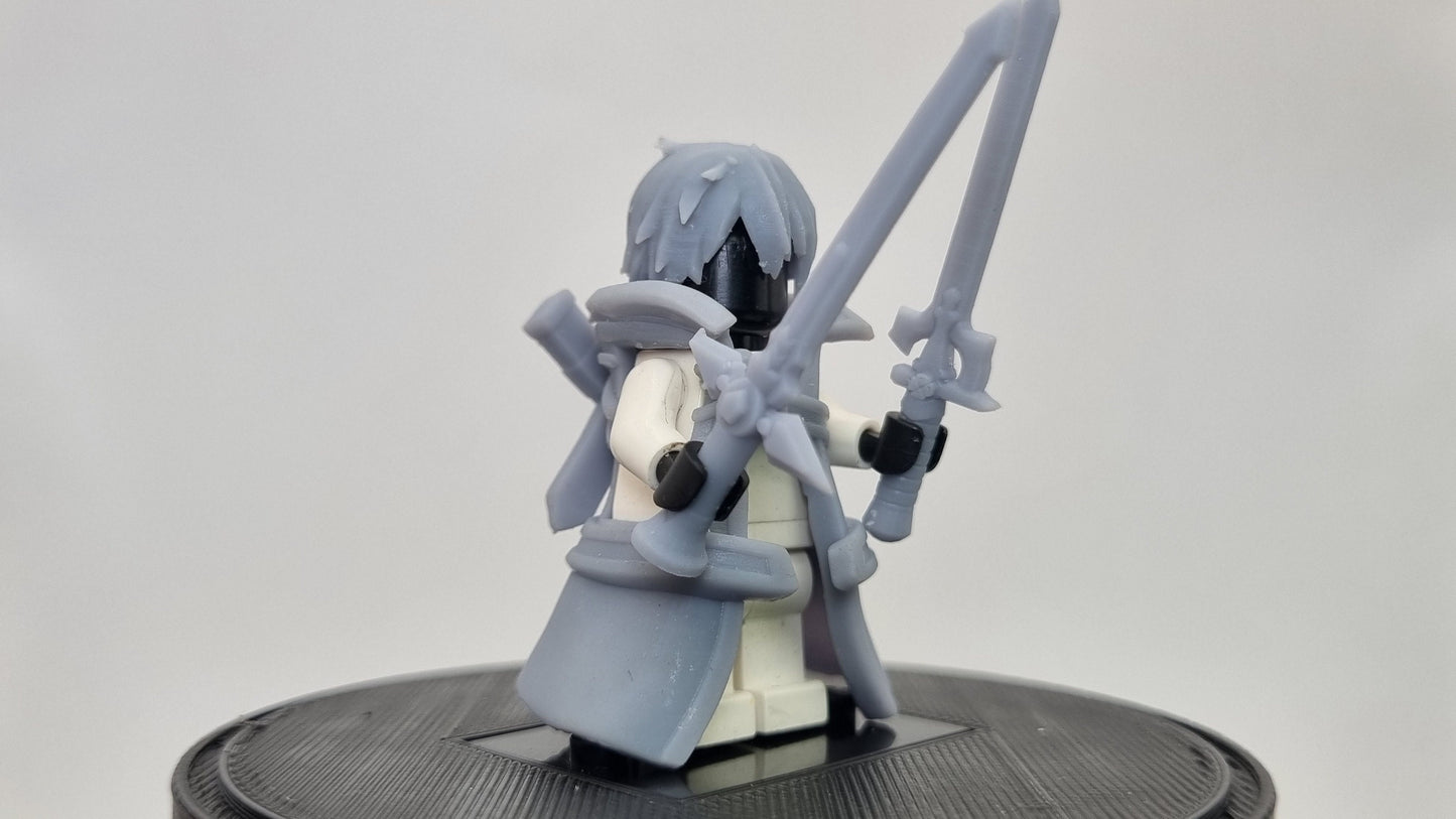Building toy kid with 2 swords and a coat!