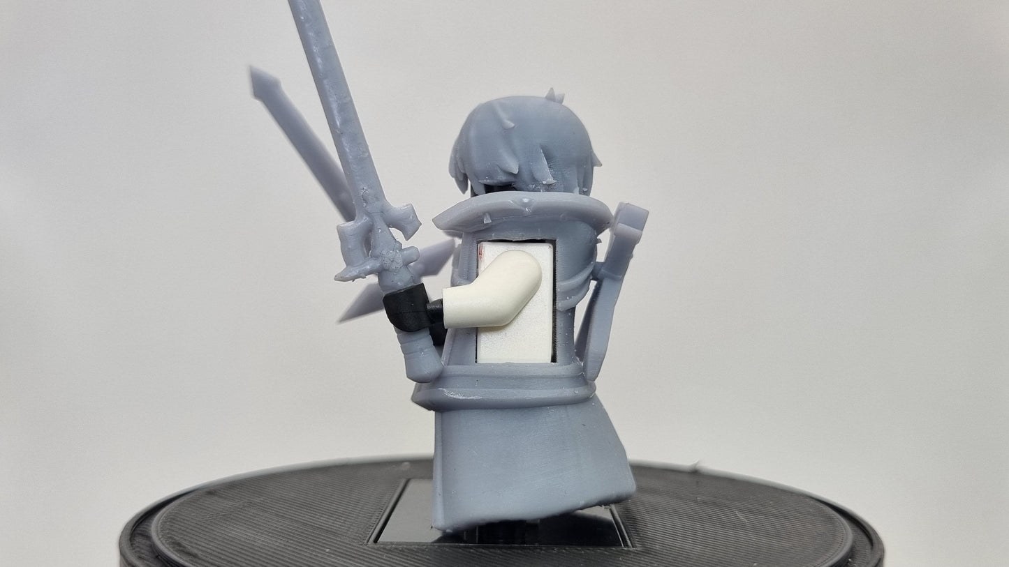 Building toy kid with 2 swords and a coat!