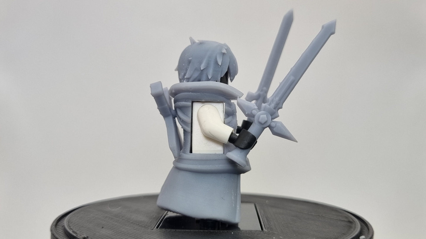 Building toy kid with 2 swords and a coat!