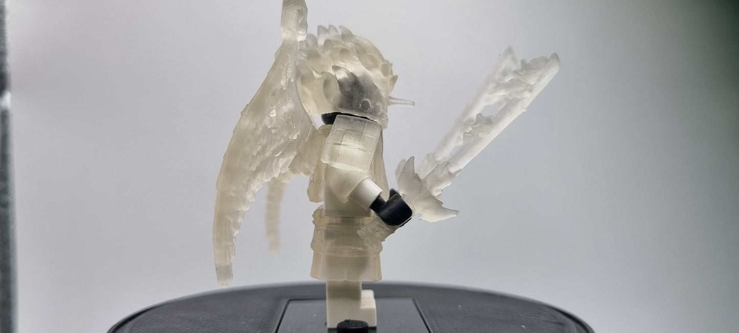 Building toy custom 3D printed ninja translucent armor with 2 swords