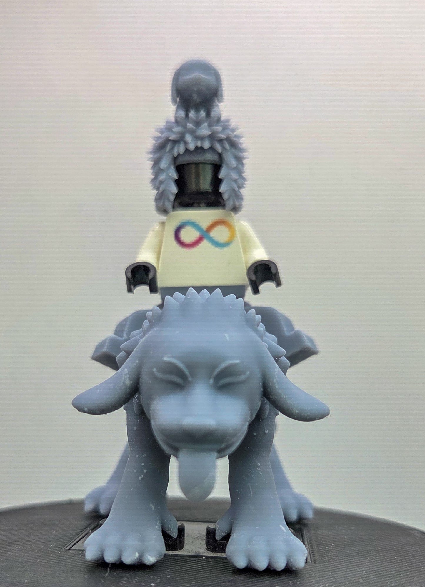 Custom 3D printed ninja dog in hair with dog!